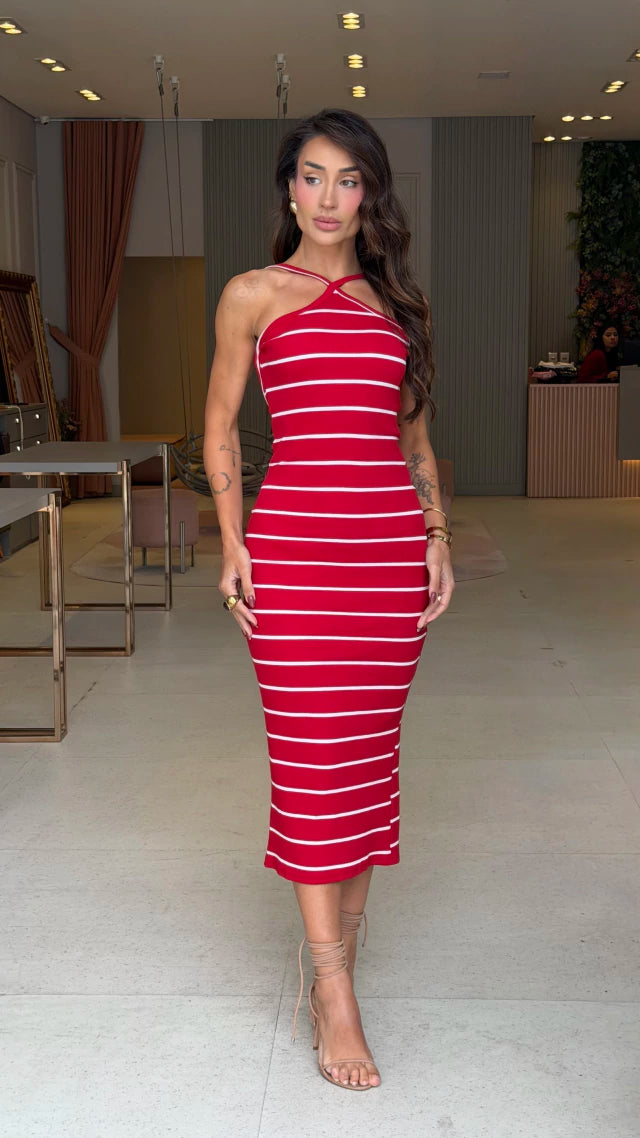 Vestido Mídi Canelado Listrado Izabel Vermelho