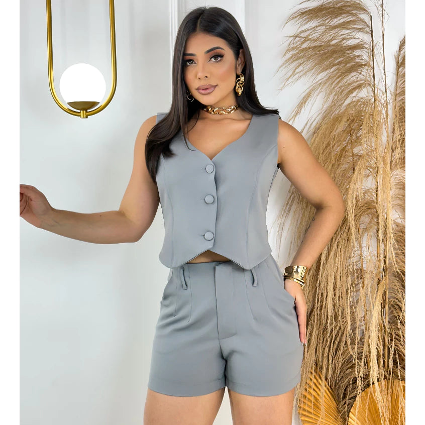 Conjunto Alfaiataria Colete Decote Em V + Short Com Cinto Look Sofisticado