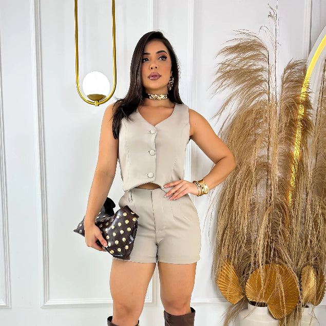 Conjunto Alfaiataria Colete Decote Em V + Short Com Cinto Look Sofisticado
