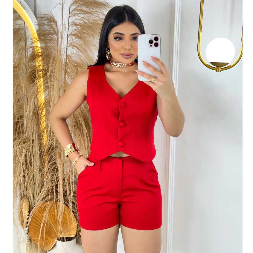 Conjunto Alfaiataria Colete Decote Em V + Short Com Cinto Look Sofisticado