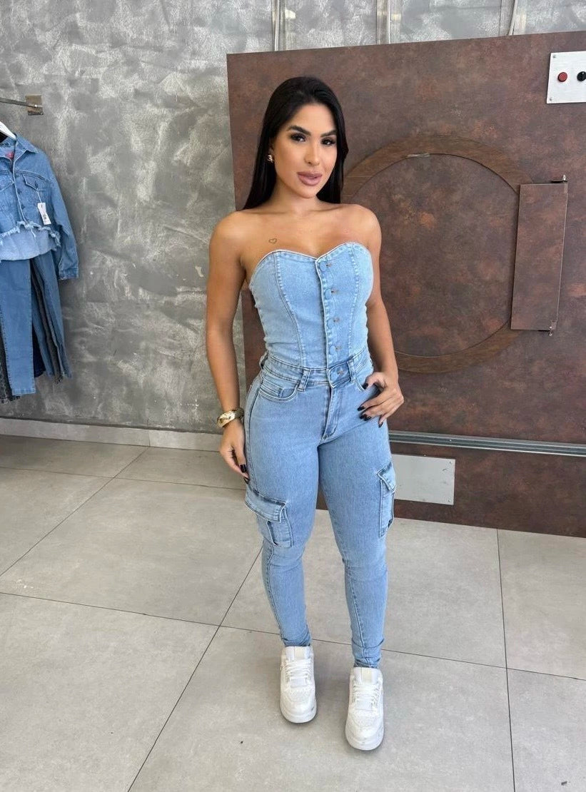 Macacão Cargo Jeans Sal e Pimenta Premium